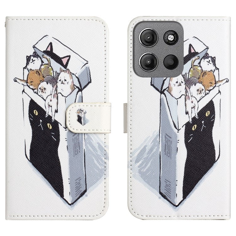For Motorola Moto G15 4G / G15 Power 4G Case Pattern Print PU Leather Wallet Phone Cover Cross Texture - Cats