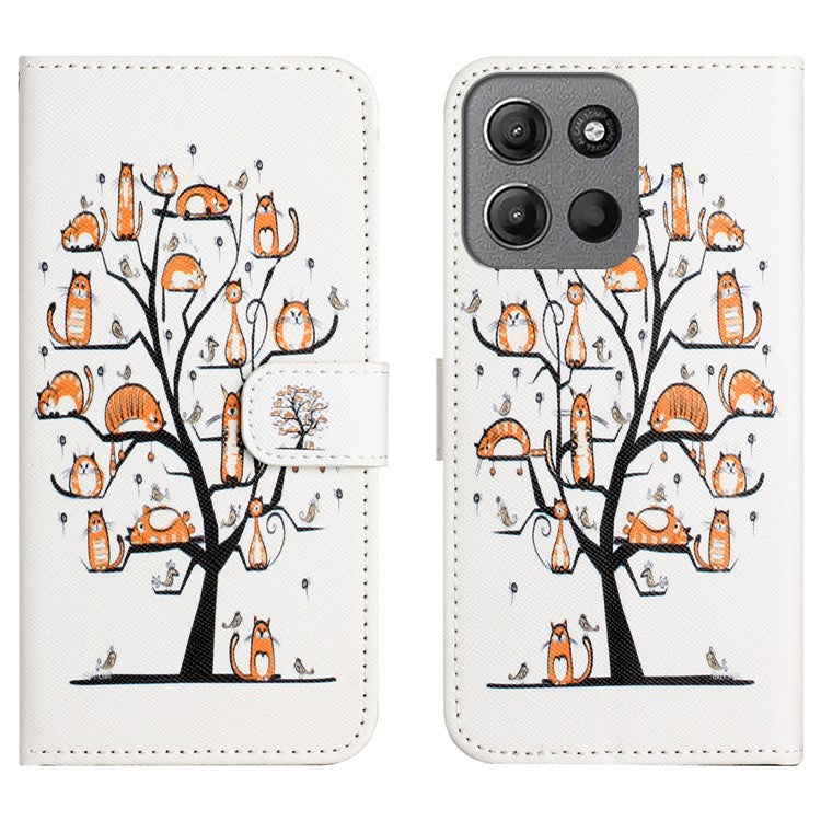 For Motorola Moto G15 4G / G15 Power 4G Case Pattern Print PU Leather Wallet Phone Cover Cross Texture - Cat and Tree