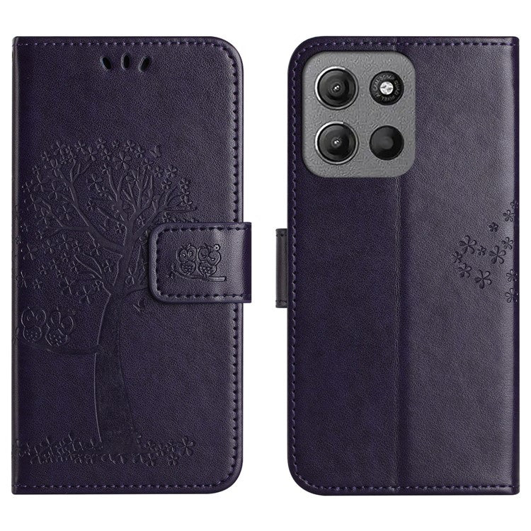 For Motorola Moto G15 4G / G15 Power 4G Case PU Leather Owl Tree Imprinted Wallet Phone Cover - Dark Blue