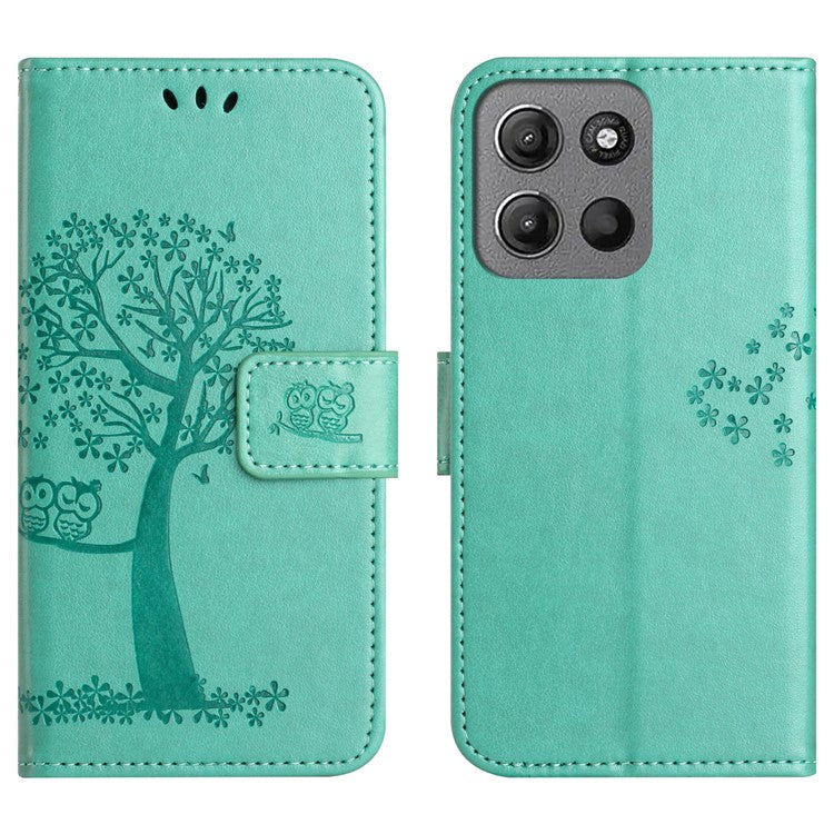 For Motorola Moto G15 4G / G15 Power 4G Case PU Leather Owl Tree Imprinted Wallet Phone Cover - Cyan