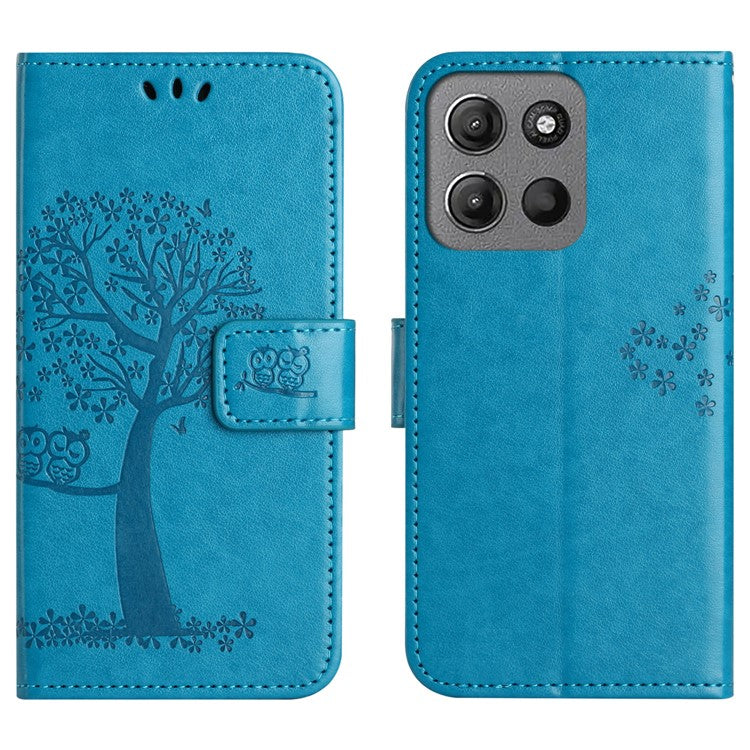 For Motorola Moto G15 4G / G15 Power 4G Case PU Leather Owl Tree Imprinted Wallet Phone Cover - Blue