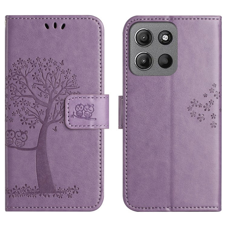 For Motorola Moto G15 4G / G15 Power 4G Case PU Leather Owl Tree Imprinted Wallet Phone Cover - Purple