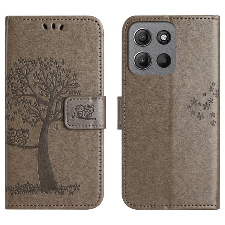 For Motorola Moto G15 4G / G15 Power 4G Case PU Leather Owl Tree Imprinted Wallet Phone Cover - Grey
