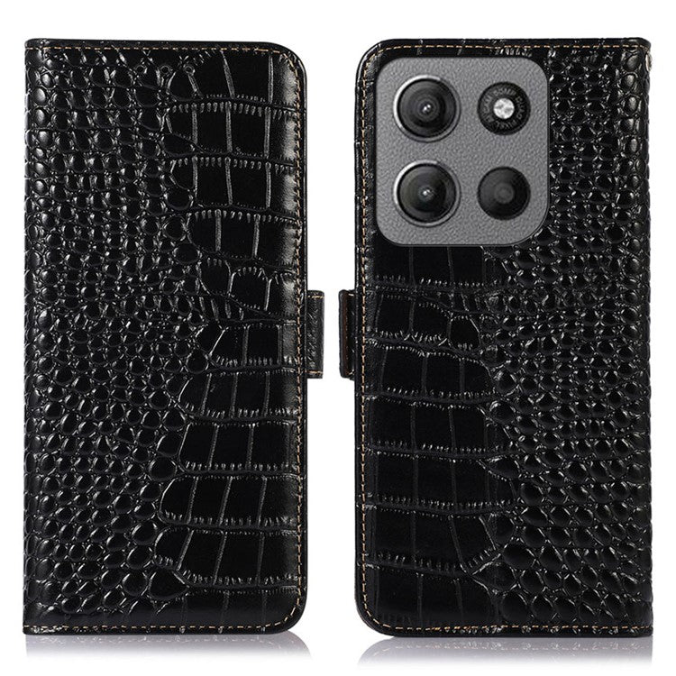 For Motorola Moto G15 4G / G05 4G Case Crocodile Texture Genuine Cow Leather Phone Wallet Cover - Black