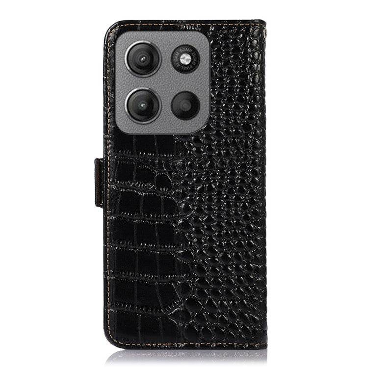 For Motorola Moto G15 4G / G05 4G Case Crocodile Texture Genuine Cow Leather Phone Wallet Cover - Black