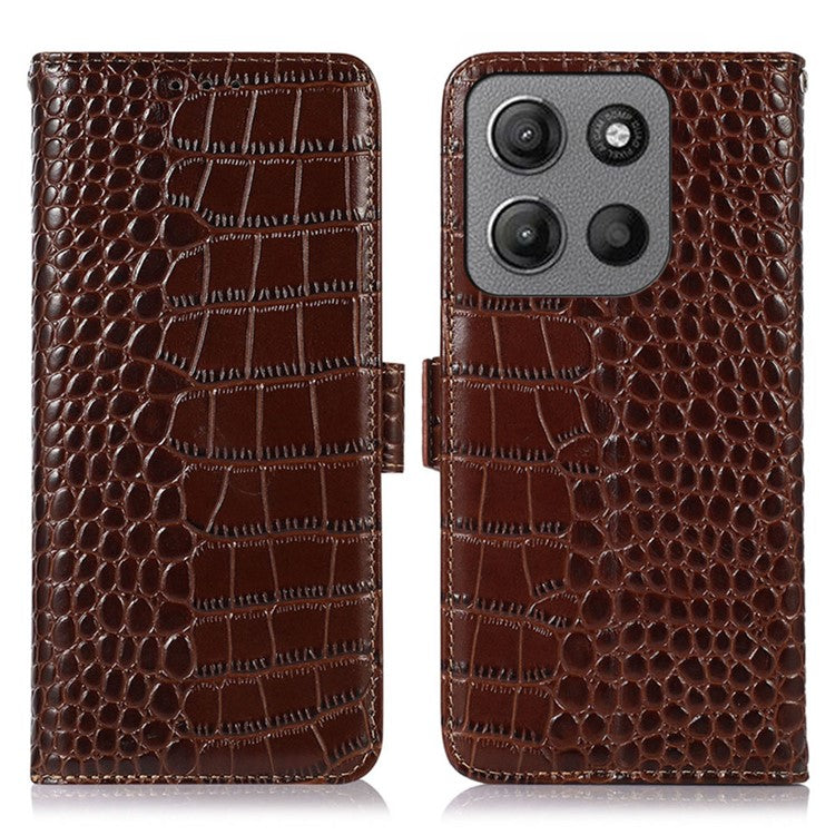 For Motorola Moto G15 4G / G05 4G Case Crocodile Texture Genuine Cow Leather Phone Wallet Cover - Brown