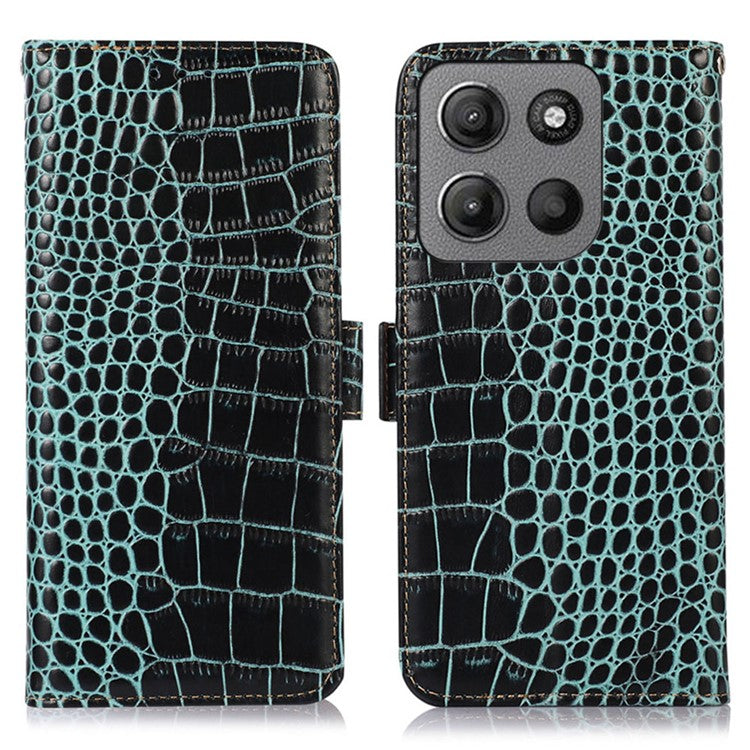 For Motorola Moto G15 4G / G05 4G Case Crocodile Texture Genuine Cow Leather Phone Wallet Cover - Green
