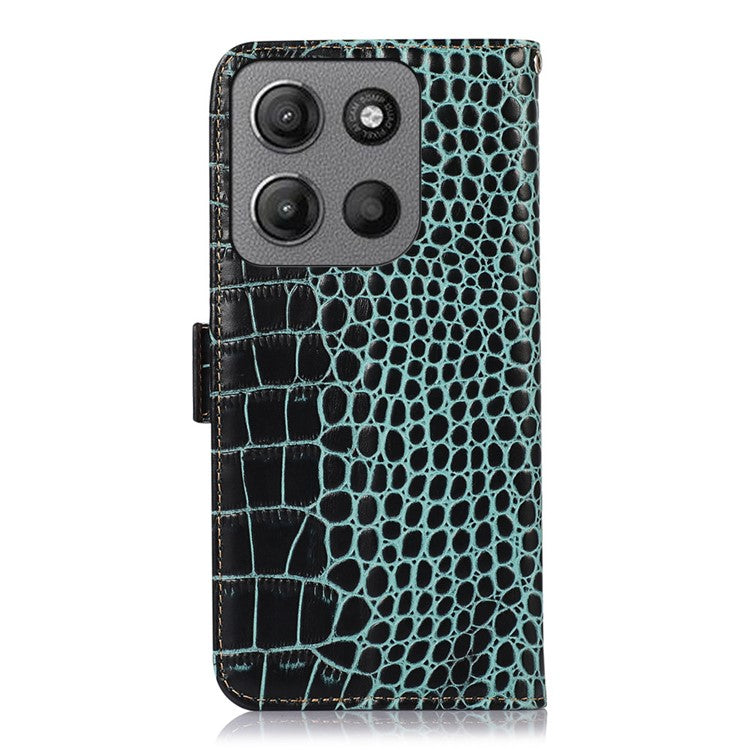 For Motorola Moto G15 4G / G05 4G Case Crocodile Texture Genuine Cow Leather Phone Wallet Cover - Green
