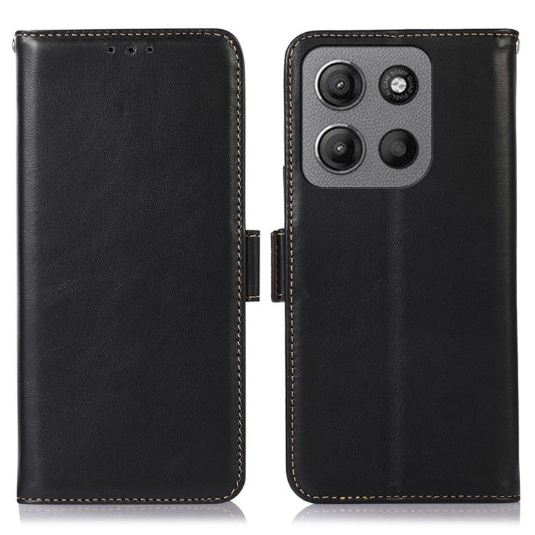 For Motorola Moto G15 4G / G05 4G Case RFID Blocking Genuine Cow Leather Wallet Phone Cover - Black