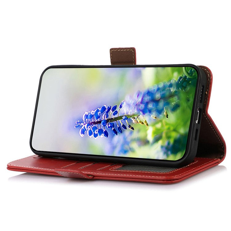 For Motorola Moto G15 4G / G05 4G Case RFID Blocking Genuine Cow Leather Wallet Phone Cover - Red