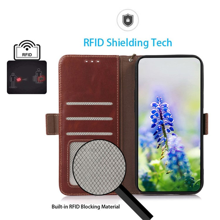 For Motorola Moto G15 4G / G05 4G Case RFID Blocking Genuine Cow Leather Wallet Phone Cover - Brown