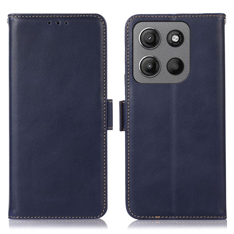 For Motorola Moto G15 4G / G05 4G Case RFID Blocking Genuine Cow Leather Wallet Phone Cover - Blue