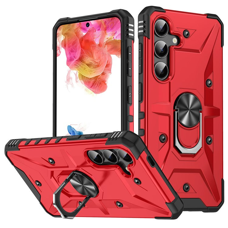 For Samsung Galaxy S25 Case PC+ TPU Anti-Drop Phone Cover with Ring Kickstand - Red