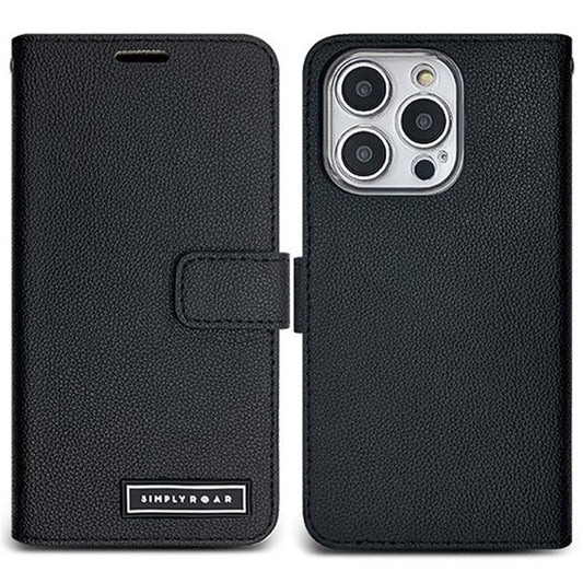 SIMPLY ROAR For iPhone 16 Pro Leather Case Wallet Magnetic Closure Phone Cover - Black