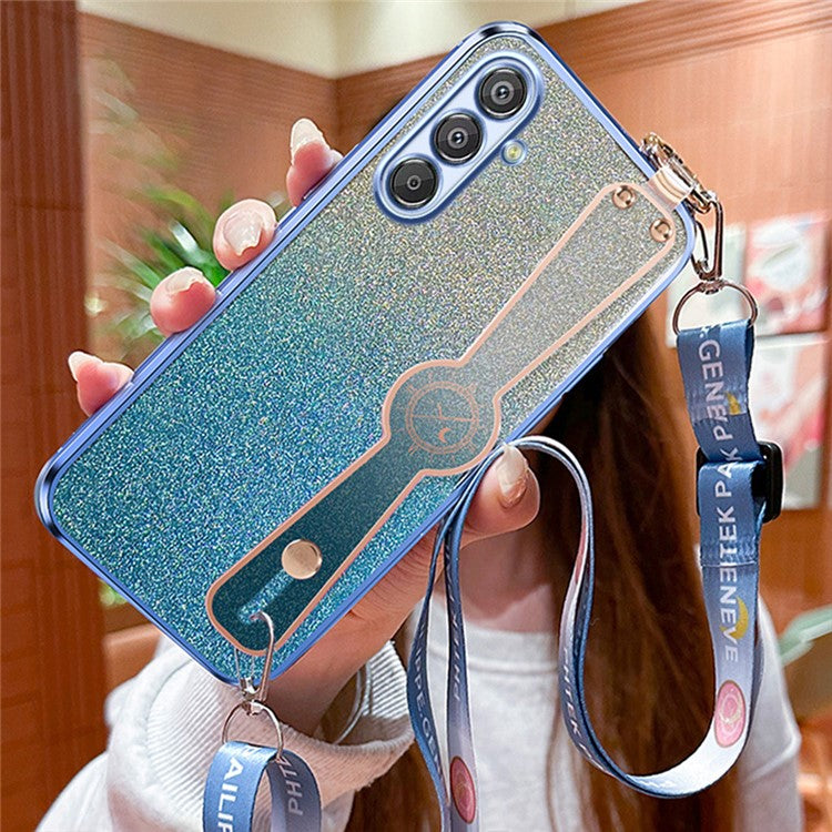 For Samsung Galaxy A16 5G / 4G Case Electroplated Glitter Hand Strap Kickstand TPU Back Cover with Shoulder Strap - Blue