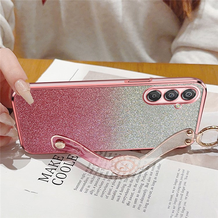 For Samsung Galaxy A16 5G / 4G Case Electroplated Glitter Hand Strap Kickstand TPU Back Cover with Shoulder Strap - Blue