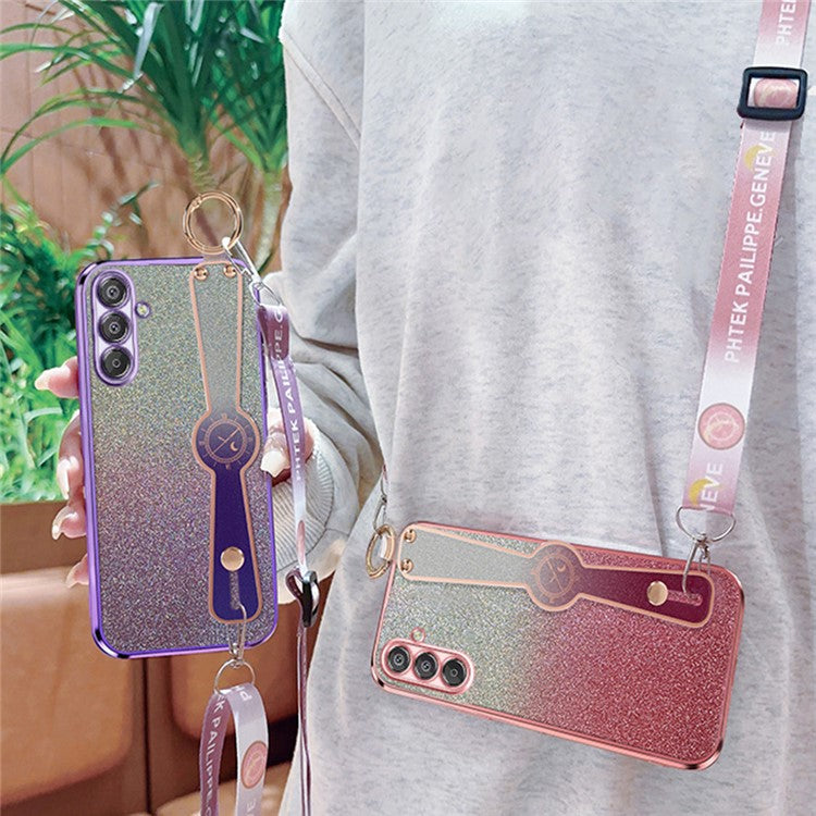 For Samsung Galaxy A16 5G / 4G Case Electroplated Glitter Hand Strap Kickstand TPU Back Cover with Shoulder Strap - Blue