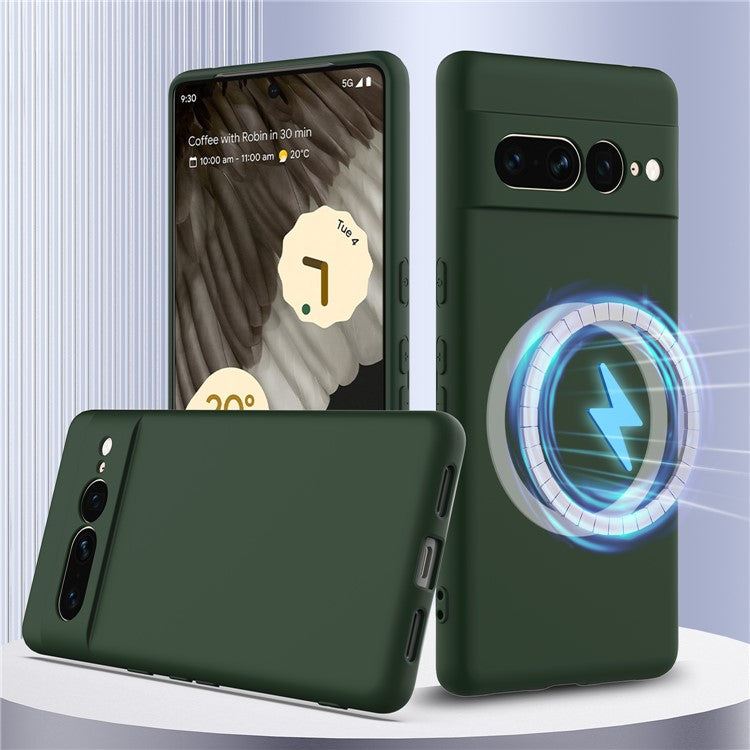 For Google Pixel 7 Pro 5G Case Compatible with MagSafe Liquid Silicone Phone Cover with Lanyard - Dark Green