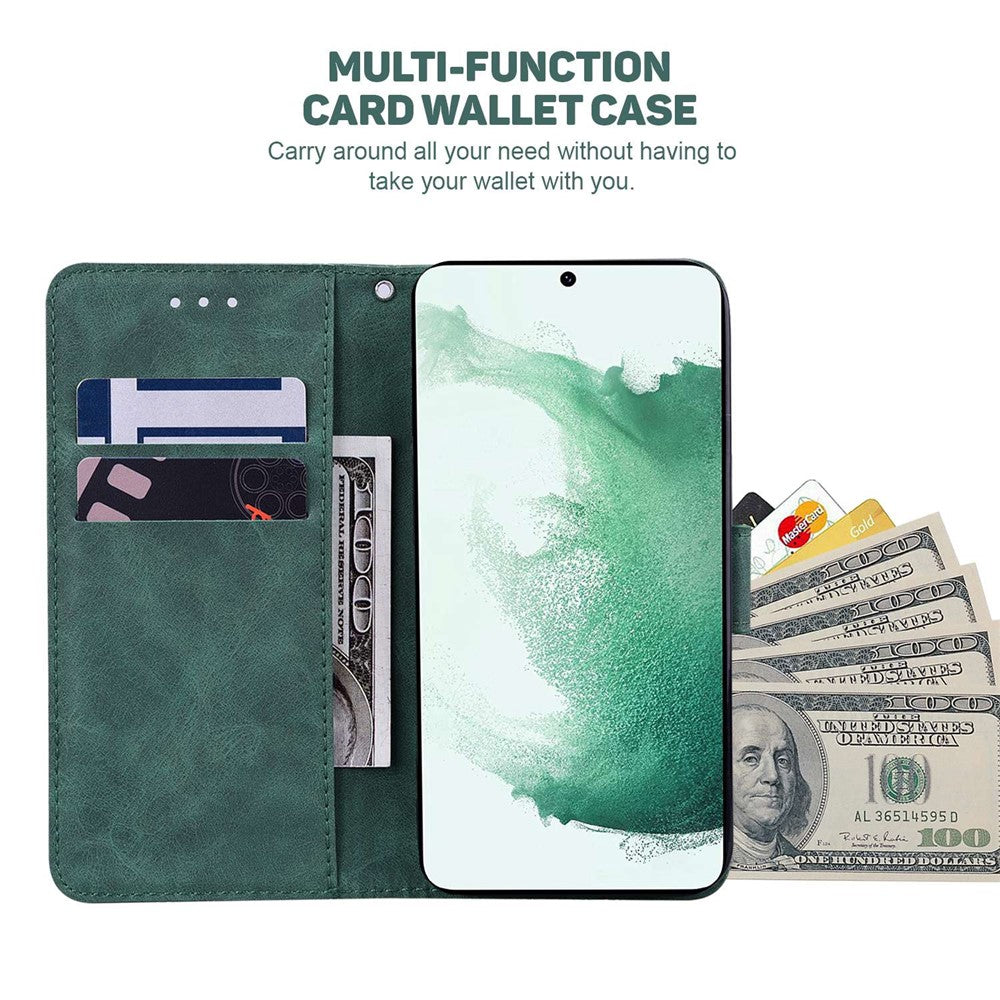 PU Leather Protective Shell for Samsung Galaxy M13 4G, Geometry Imprinted Shockproof Case Phone Stand Wallet Cover with Strap - Green