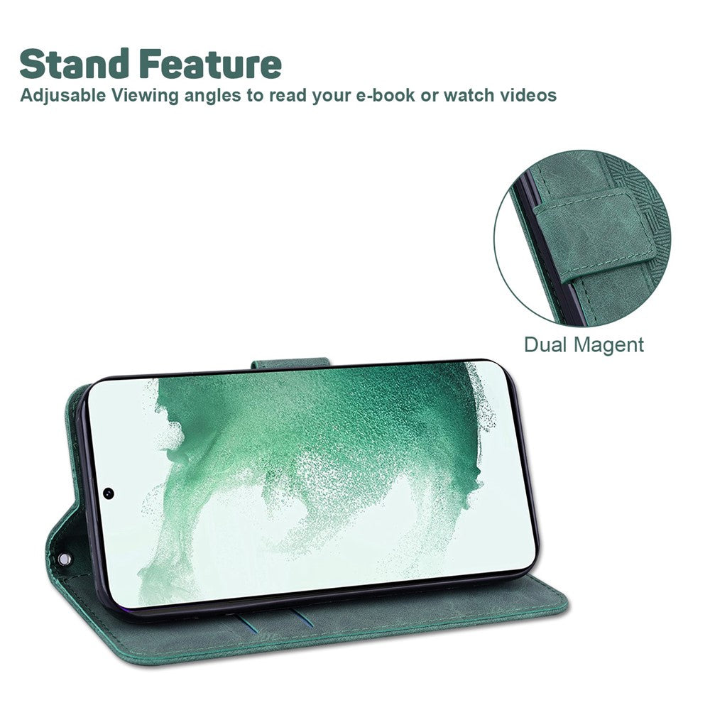 PU Leather Protective Shell for Samsung Galaxy M13 4G, Geometry Imprinted Shockproof Case Phone Stand Wallet Cover with Strap - Green
