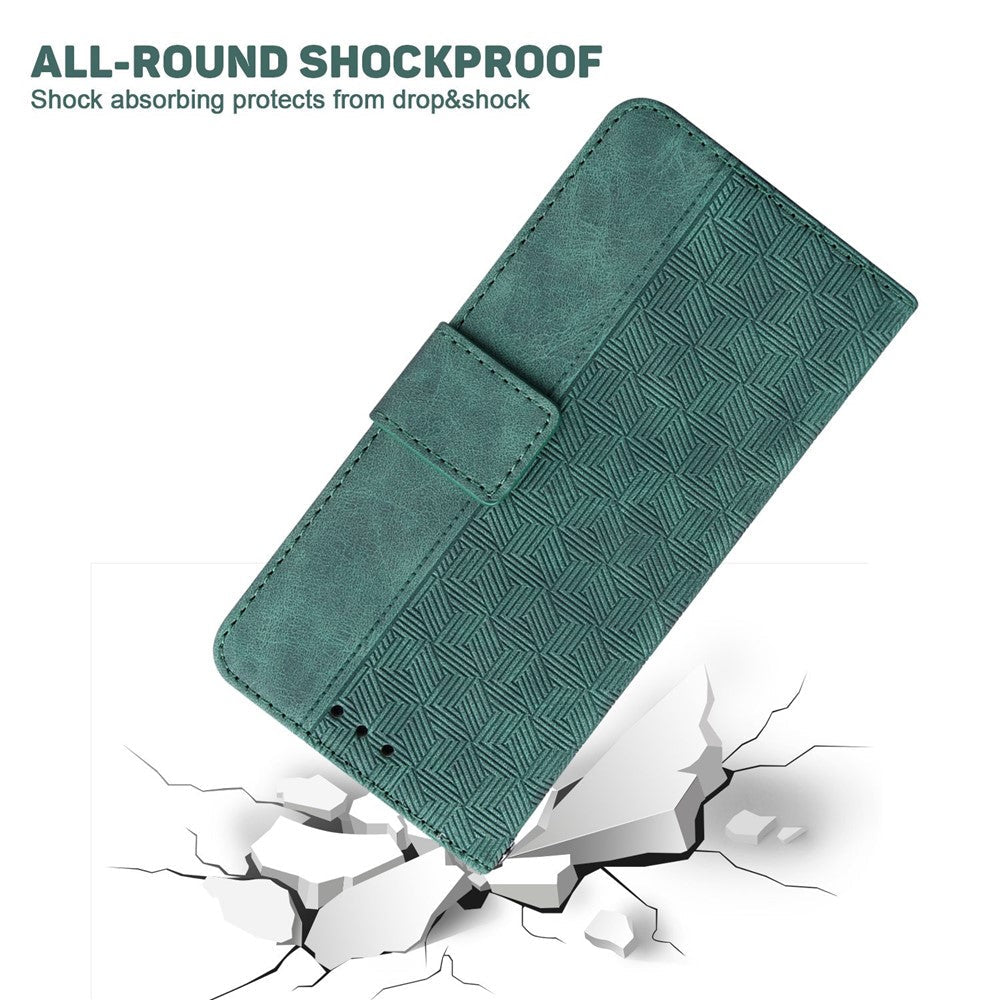 PU Leather Protective Shell for Samsung Galaxy M13 4G, Geometry Imprinted Shockproof Case Phone Stand Wallet Cover with Strap - Green