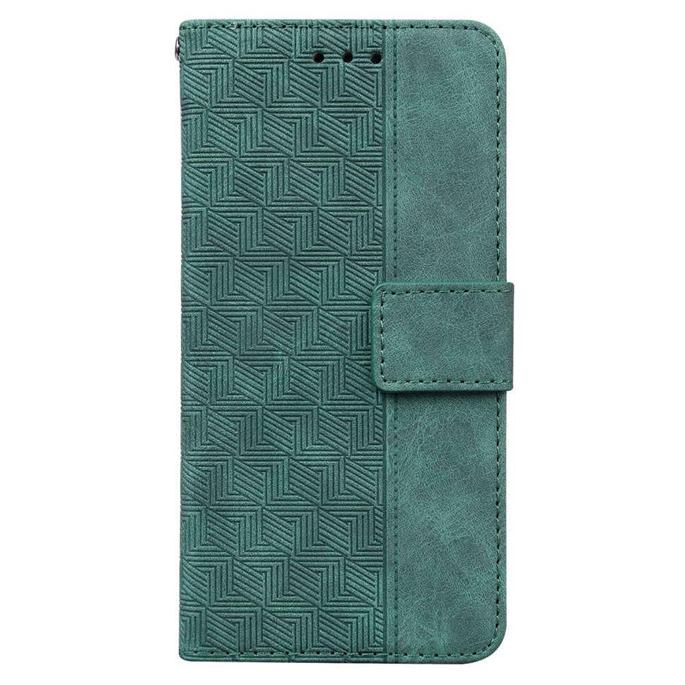 PU Leather Protective Shell for Samsung Galaxy M13 4G, Geometry Imprinted Shockproof Case Phone Stand Wallet Cover with Strap - Green