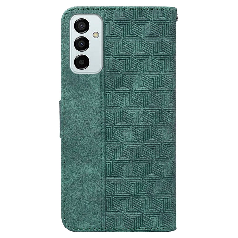 PU Leather Protective Shell for Samsung Galaxy M13 4G, Geometry Imprinted Shockproof Case Phone Stand Wallet Cover with Strap - Green