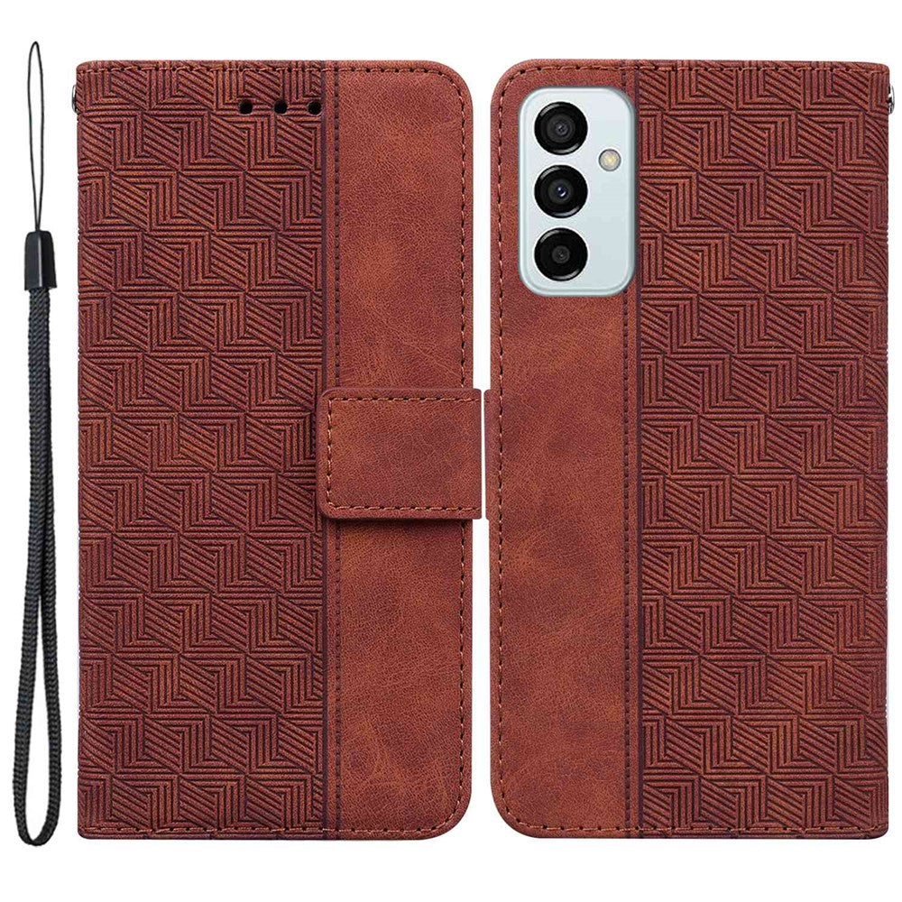 PU Leather Protective Shell for Samsung Galaxy M13 4G, Geometry Imprinted Shockproof Case Phone Stand Wallet Cover with Strap - Brown