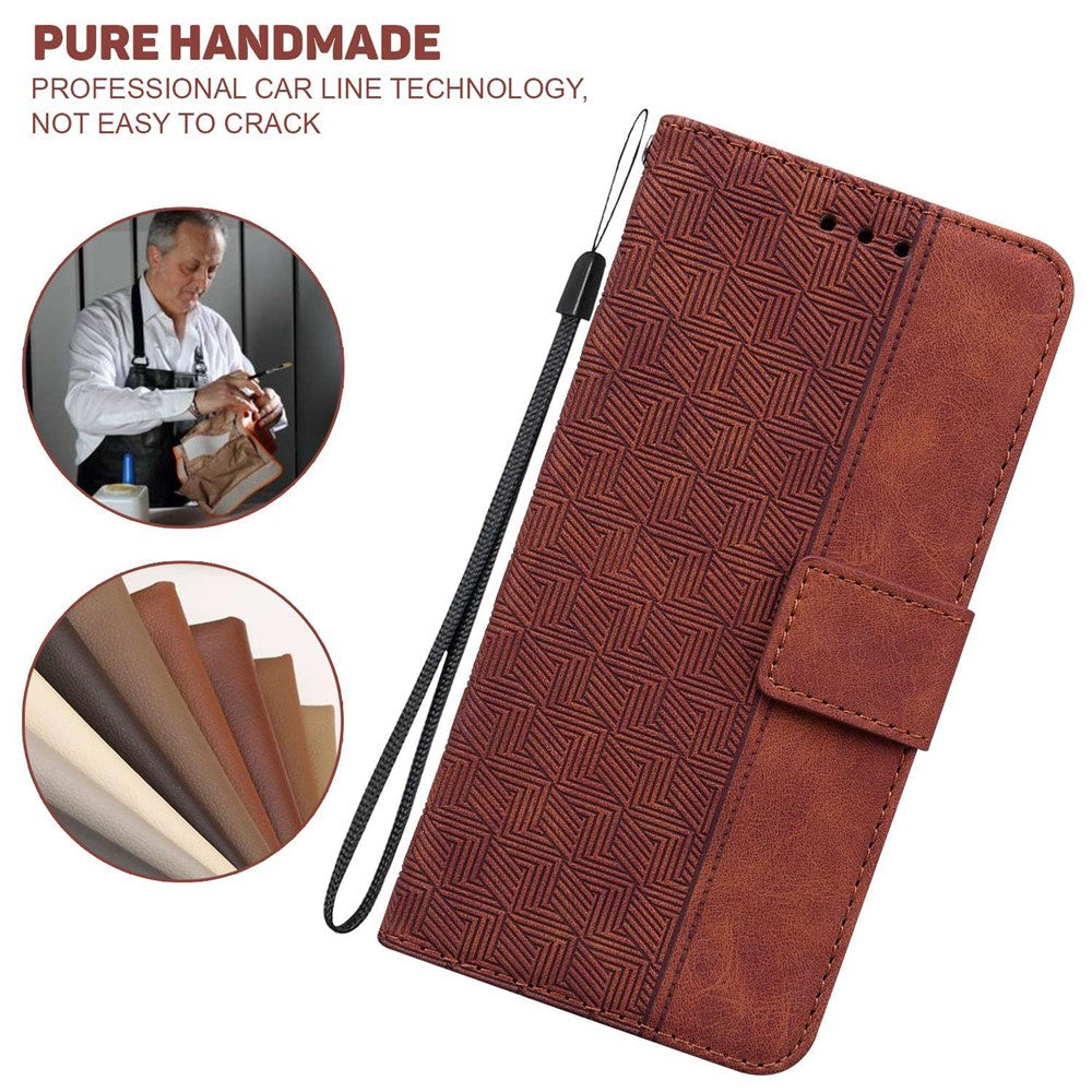 PU Leather Protective Shell for Samsung Galaxy M13 4G, Geometry Imprinted Shockproof Case Phone Stand Wallet Cover with Strap - Brown