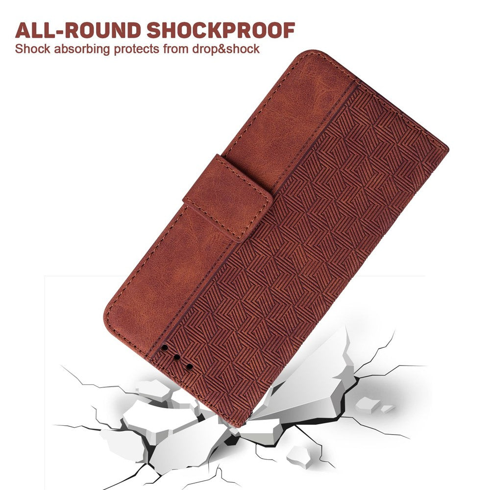 PU Leather Protective Shell for Samsung Galaxy M13 4G, Geometry Imprinted Shockproof Case Phone Stand Wallet Cover with Strap - Brown