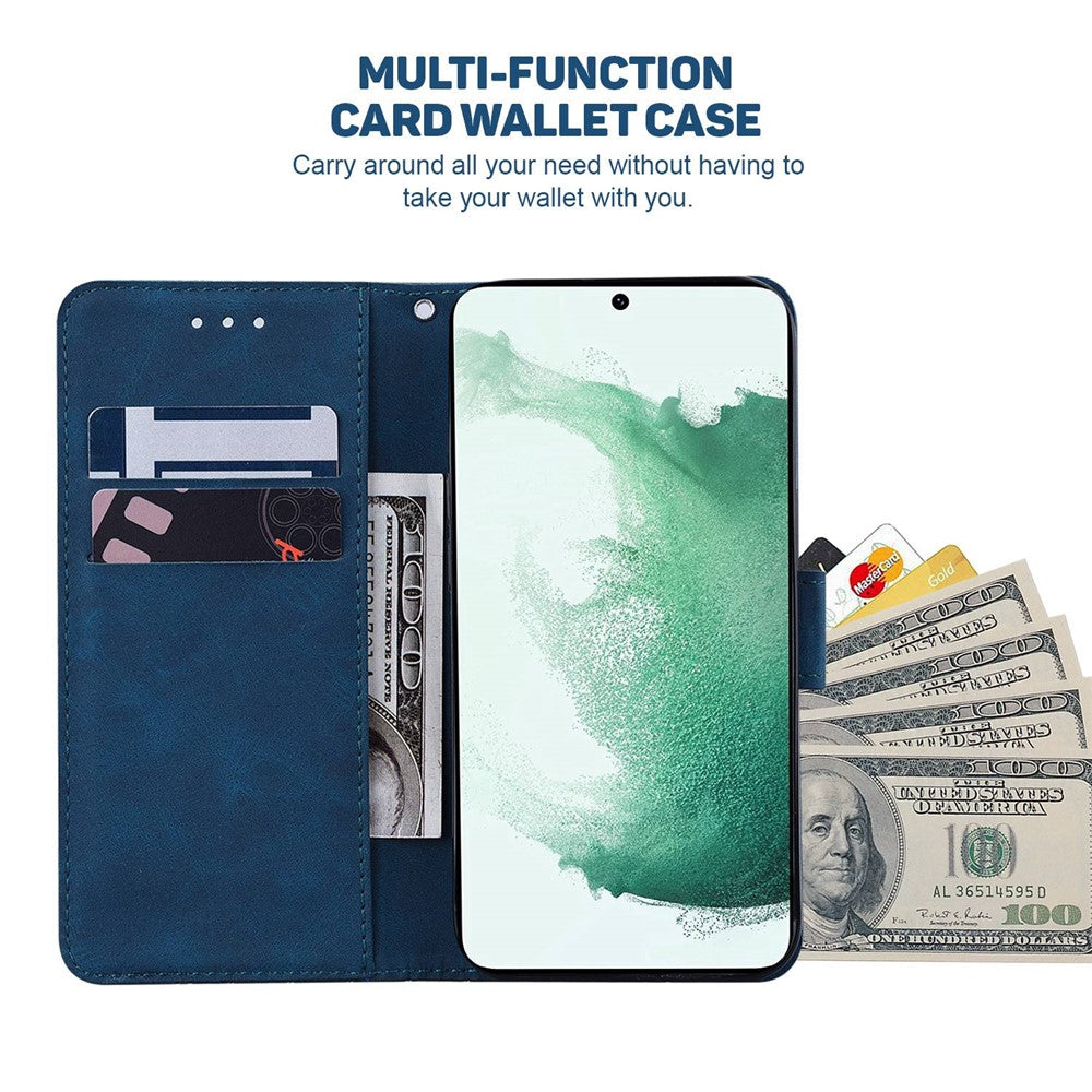 PU Leather Protective Shell for Samsung Galaxy M13 4G, Geometry Imprinted Shockproof Case Phone Stand Wallet Cover with Strap - Blue