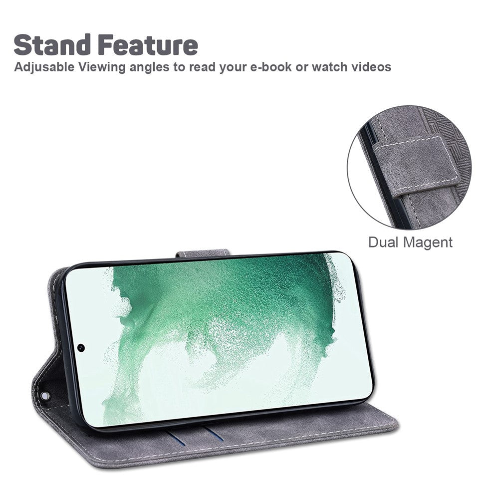 PU Leather Protective Shell for Samsung Galaxy M13 4G, Geometry Imprinted Shockproof Case Phone Stand Wallet Cover with Strap - Grey