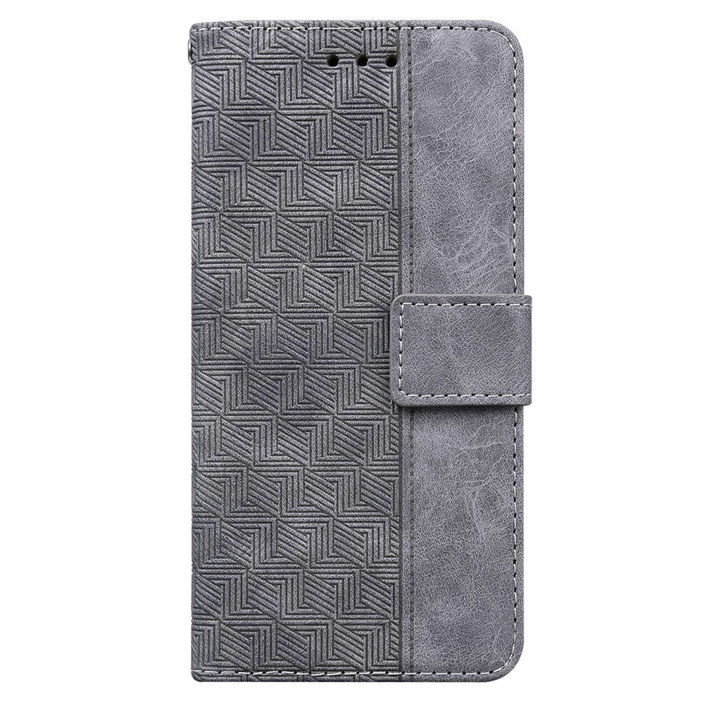 PU Leather Protective Shell for Samsung Galaxy M13 4G, Geometry Imprinted Shockproof Case Phone Stand Wallet Cover with Strap - Grey