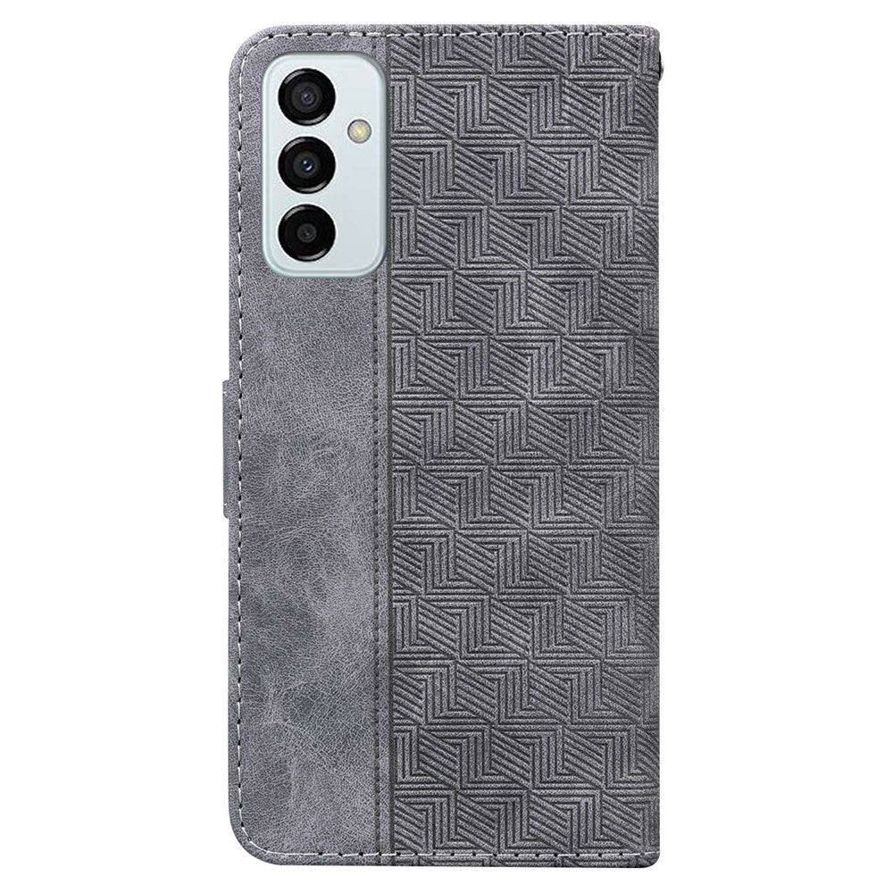 PU Leather Protective Shell for Samsung Galaxy M13 4G, Geometry Imprinted Shockproof Case Phone Stand Wallet Cover with Strap - Grey