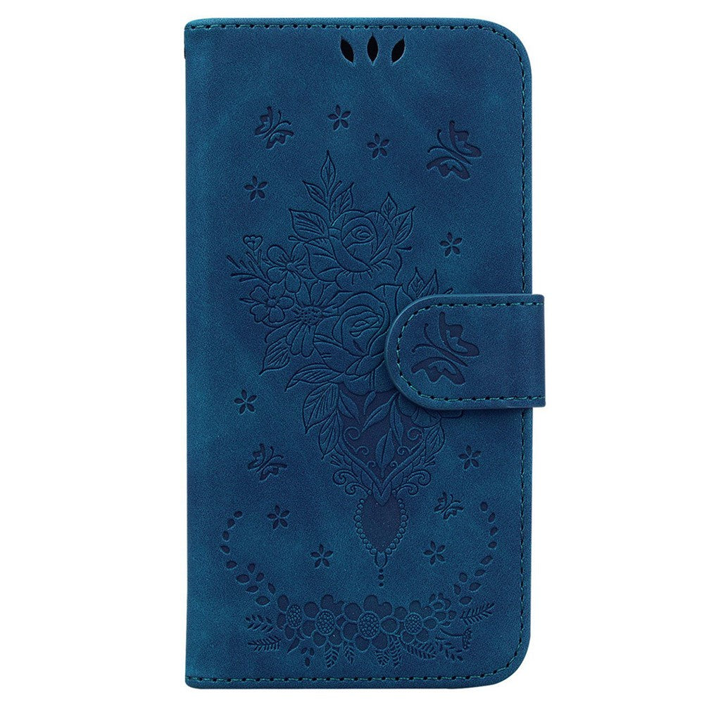 PU Leather Phone Case for Samsung Galaxy M13 4G, Rose Butterfly Imprinted Protective Cover Flip Folio Stand Wallet Shell with Strap - Blue