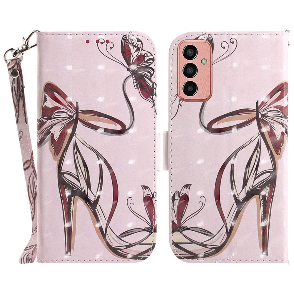 For Samsung Galaxy M13 4G PU Leather Phone Foldable Stand Wallet Case 3D Pattern Printing Protective Cover with Strap - Butterfly High Heels