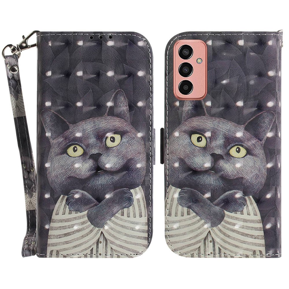 For Samsung Galaxy M13 4G PU Leather Phone Foldable Stand Wallet Case 3D Pattern Printing Protective Cover with Strap - Embracing Cat