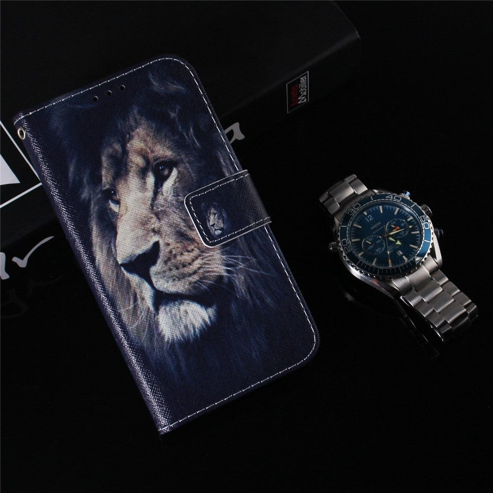 Leather Protective Case for Samsung Galaxy M13 4G, Stylish Pattern Printing Phone Cover Foldable Stand Wallet Shell - Lion