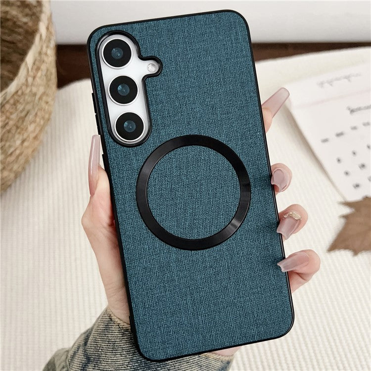 For Samsung Galaxy S25 Case Drop-Proof TPU + Cloth Back Phone Cover Compatible with MagSafe - Dark Green