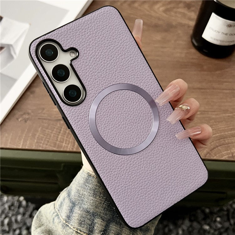 For Samsung Galaxy S25 Case Compatible with MagSafe PU Leather + TPU Phone Back Cover - Purple