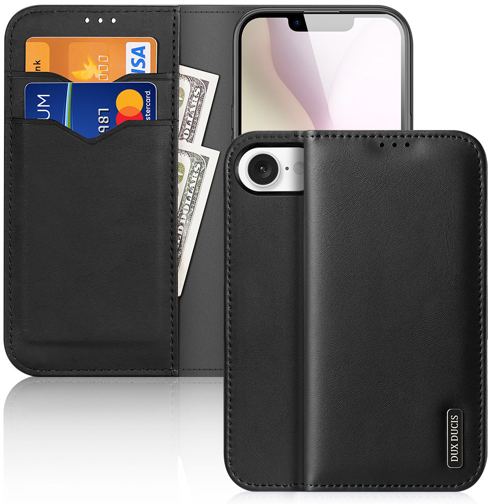 For iPhone 16e Case DUX DUCIS Hivo Series Cowhide Leather RFID Blocking Wallet Stand Flip Phone Cover - Black