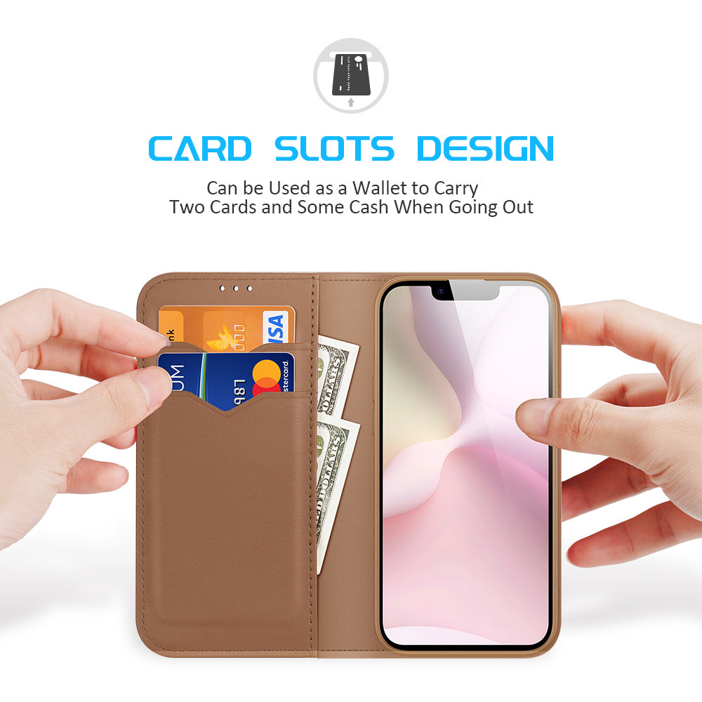 For iPhone 16e Case DUX DUCIS Hivo Series Cowhide Leather RFID Blocking Wallet Stand Flip Phone Cover - Brown
