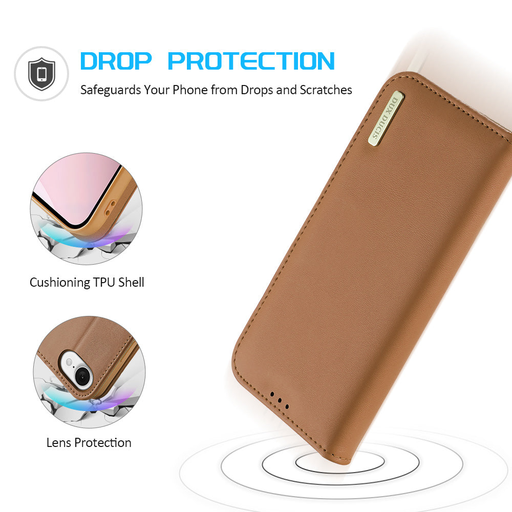 For iPhone SE (2025) Case DUX DUCIS Hivo Series Cowhide Leather RFID Blocking Wallet Stand Flip Phone Cover - Brown