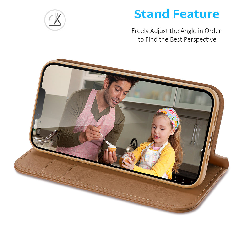 For iPhone 16e Case DUX DUCIS Hivo Series Cowhide Leather RFID Blocking Wallet Stand Flip Phone Cover - Brown