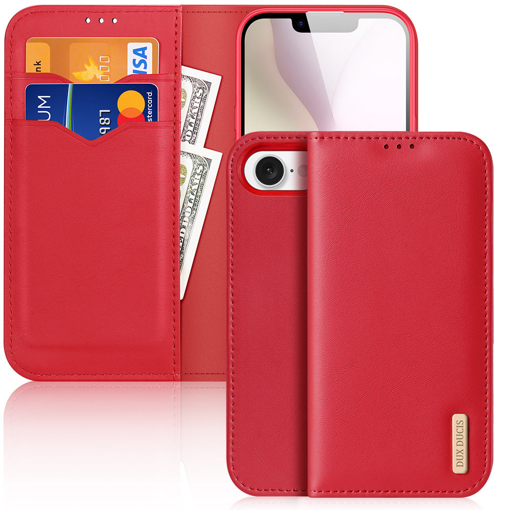 For iPhone SE (2025) Case DUX DUCIS Hivo Series Cowhide Leather RFID Blocking Wallet Stand Flip Phone Cover - Red