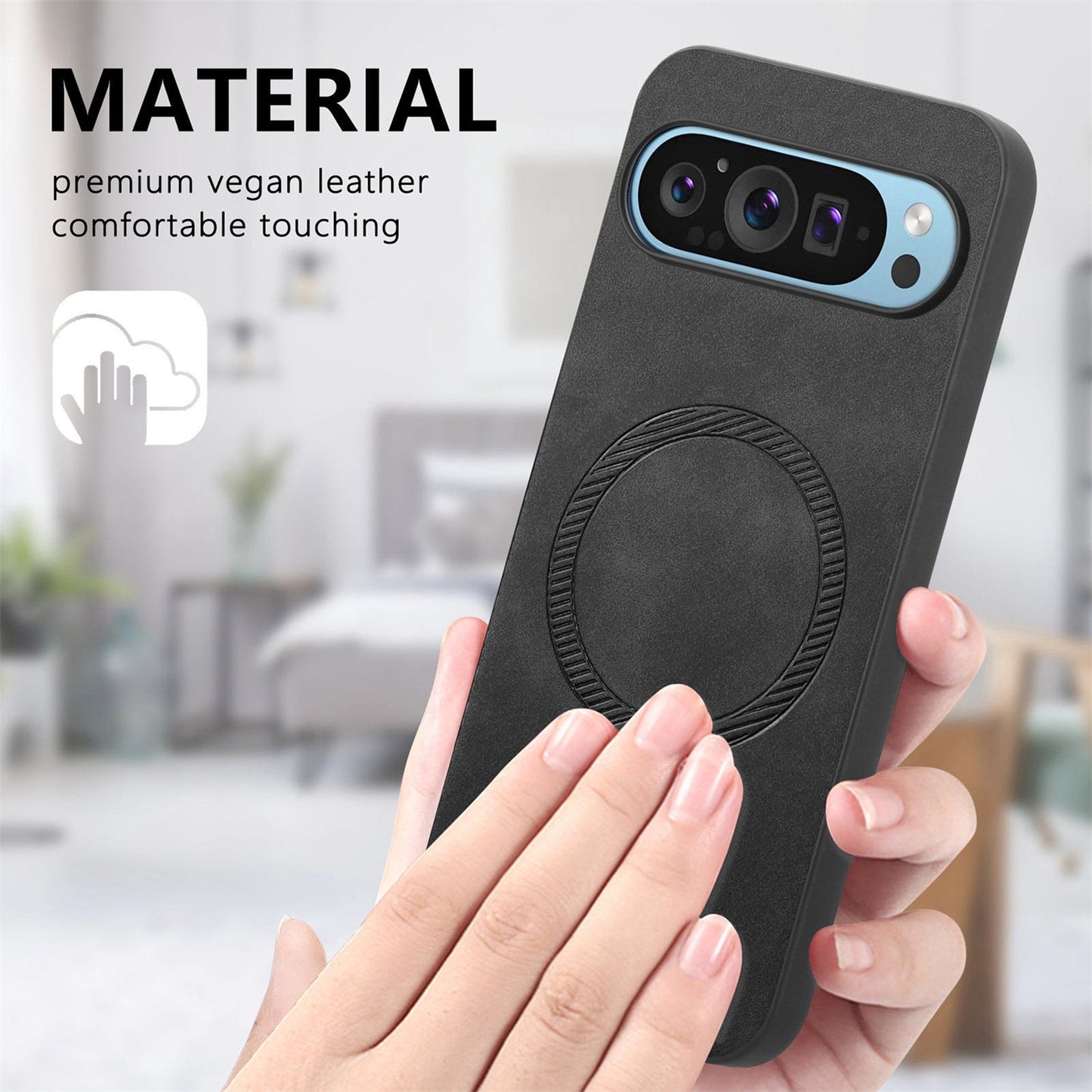 For Google Pixel 9 Pro / Google Pixel 9 Leather Back Case Compatible with MagSafe Skin-touch Phone Cover - Black