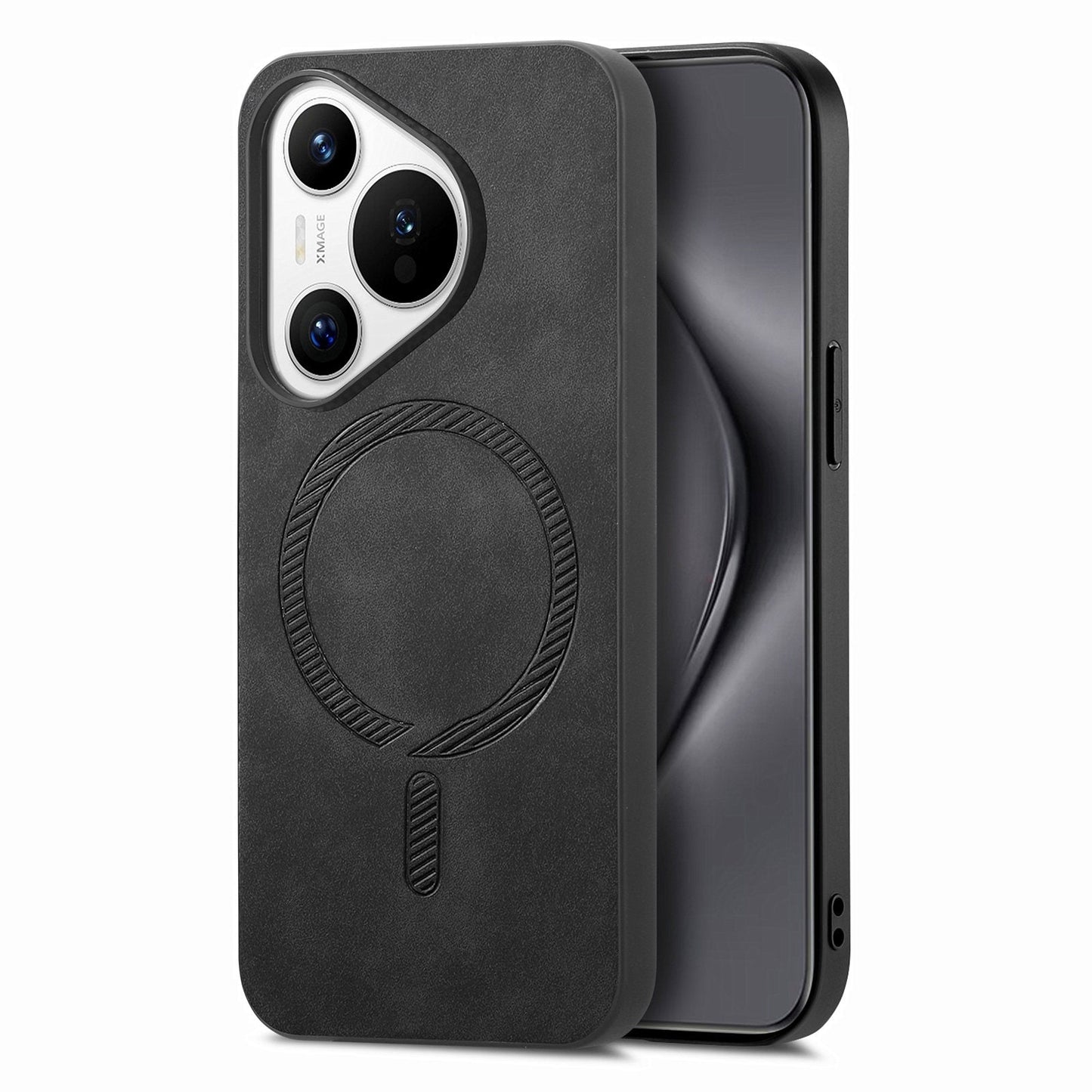 For Huawei Pura 70 Leather Back Case Compatible with MagSafe Skin-touch Phone Cover - Black