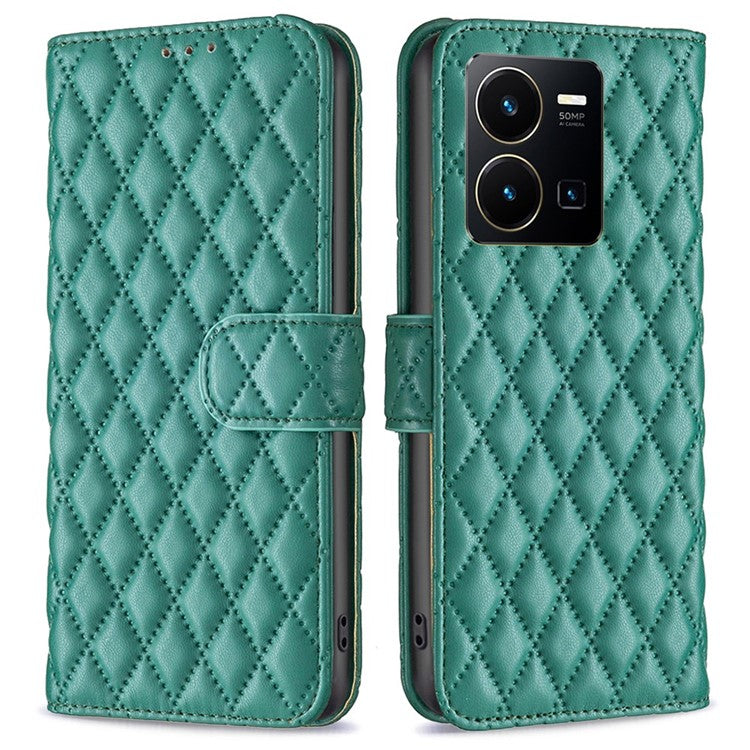BINFEN COLOR BF Style-14 for vivo Y35 4G (2022) / Y22 4G Imprinted Rhombus Pattern Phone Case PU Leather Magnetic Closure Stand Wallet Cover - Green