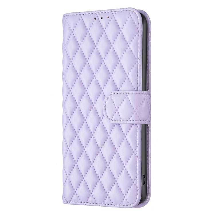 BINFEN COLOR BF Style-14 for vivo Y35 4G (2022) / Y22 4G Imprinted Rhombus Pattern Phone Case PU Leather Magnetic Closure Stand Wallet Cover - Purple