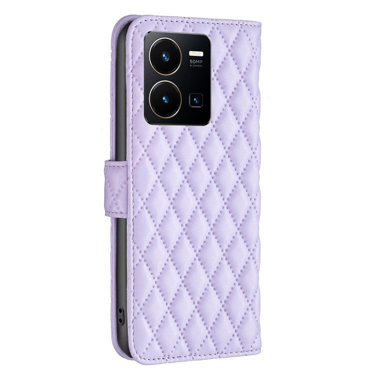BINFEN COLOR BF Style-14 for vivo Y35 4G (2022) / Y22 4G Imprinted Rhombus Pattern Phone Case PU Leather Magnetic Closure Stand Wallet Cover - Purple